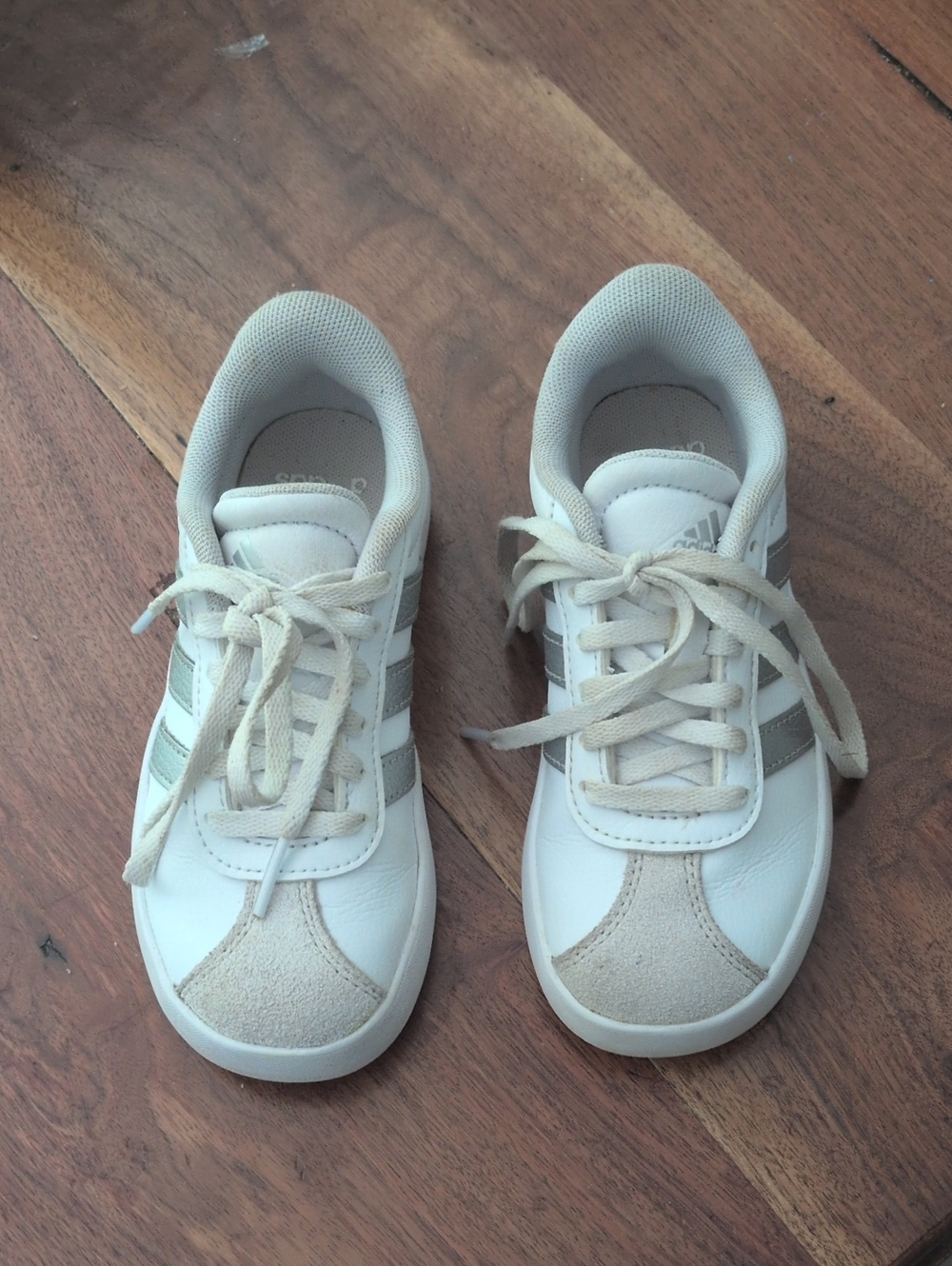 little Girl Adidas White Sneakers with Light Gray Stripes